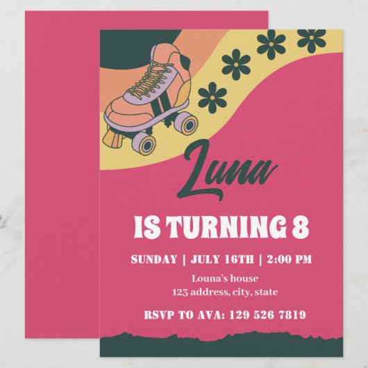Retro Roller schaats Daisy Birthday Kaart (Voorkant / Achterkant)