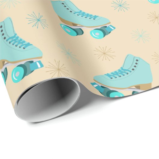 Retro Roller Schaatsen Blauwgroen en Tan Pattered Cadeaupapier (Rol Hoek)