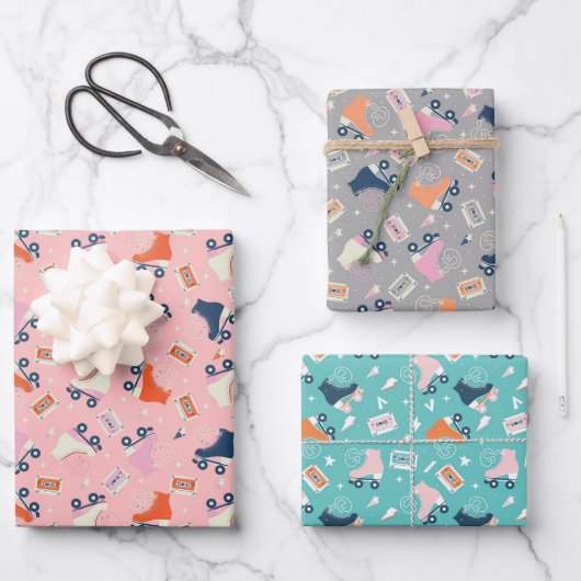 Retro Roller Schaatsen & Cassettebandjes Inpakpapier Vel (Voorkant)