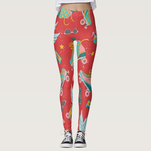 Retro Roller Schaatsen: helderrode achtergrond Leggings (Voorkant)