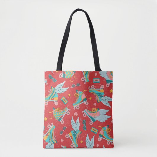 Retro Roller Schaatsen: helderrode achtergrond Tote Bag (Voorkant)