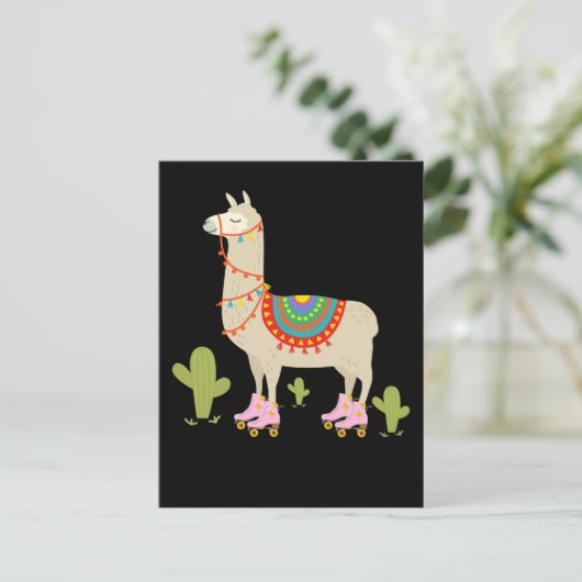 Retro Roller Schaatsen Llama Roller Skater Dier Briefkaart (Staand voorkant)