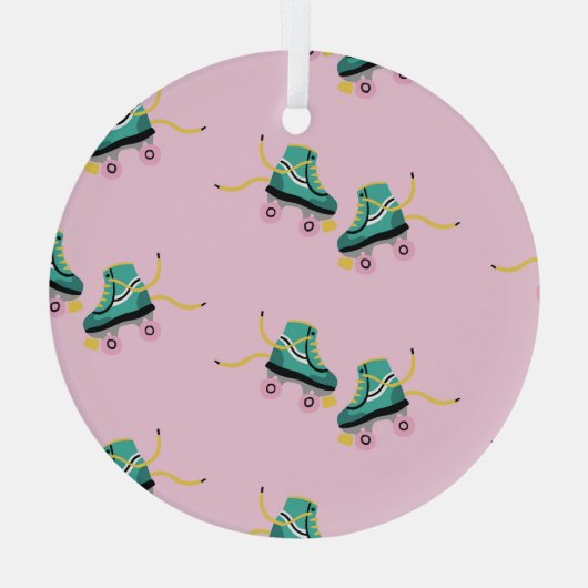 Retro roller schaatsen: roze. glas ornament (Achterkant)