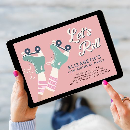 Retro Roller Schaatsen Verjaardagsfeest Roze Kaart