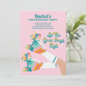 Retro Roller Schaatsen Verjaardagsfeest Roze Kaart (Staand voorkant)