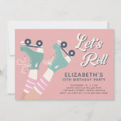 Retro Roller Schaatsen Verjaardagsfeest Roze Kaart (Voorkant)