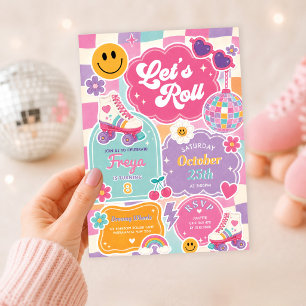 Retro Roller Skate Geruite Regenboog Meisje Verjaa Kaart