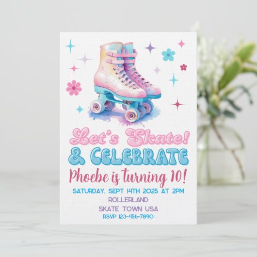 Retro Roller Skate Uitnodiging Aangepaste Verjaard (Staand voorkant)