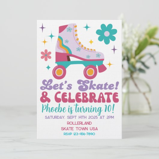 Retro Roller Skate Uitnodiging voor verjaardagsfee (Staand voorkant)