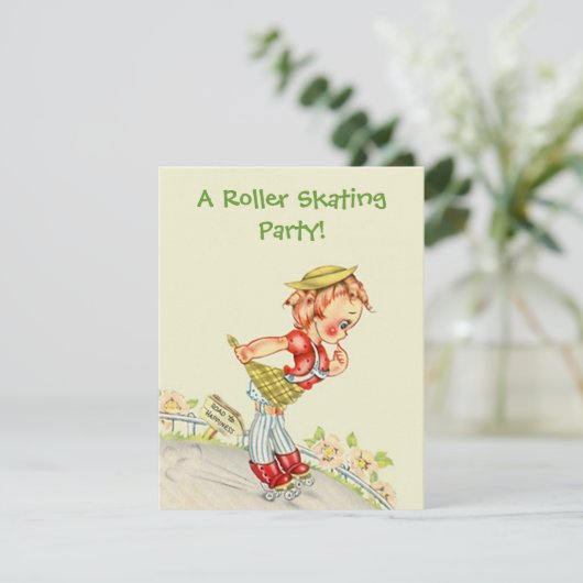 Retro Roller Skater schaats Party Invitation Kaart (Staand voorkant)