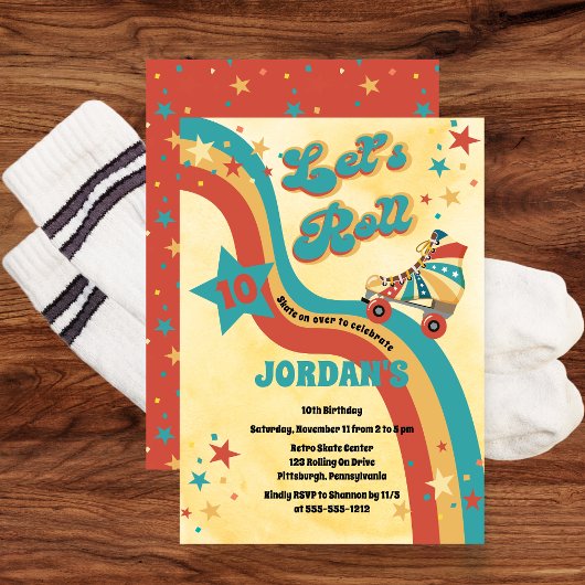 Retro Roller Skating Birthday Party Invitation Kaart