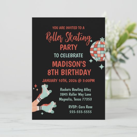 Retro Roller Skating Birthday Party Invitation Kaart (Staand voorkant)