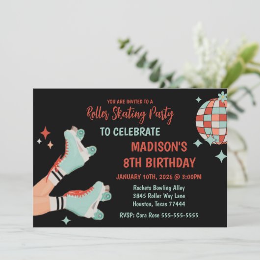 Retro Roller Skating Birthday Party Invitation Kaart (Staand voorkant)