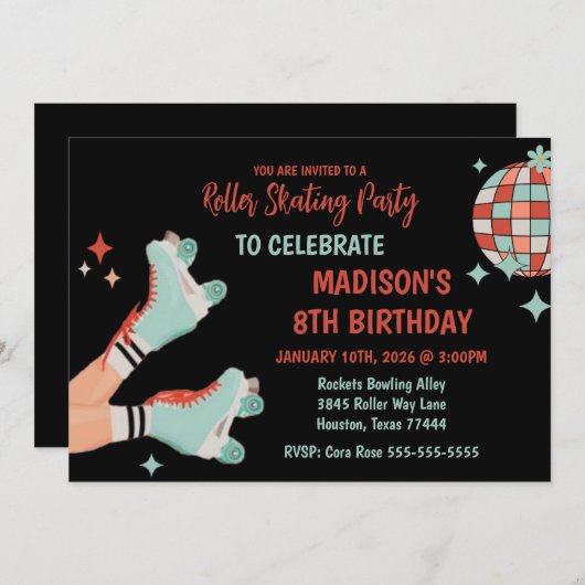 Retro Roller Skating Birthday Party Invitation Kaart (Voorkant / Achterkant)