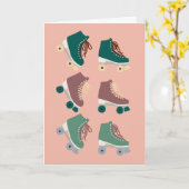 Retro Rollerskates Green Dusty Pink Kaart (Gele Bloem)