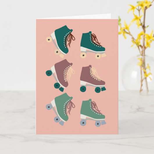 Retro Rollerskates Green Dusty Pink Kaart (Gele Bloem)