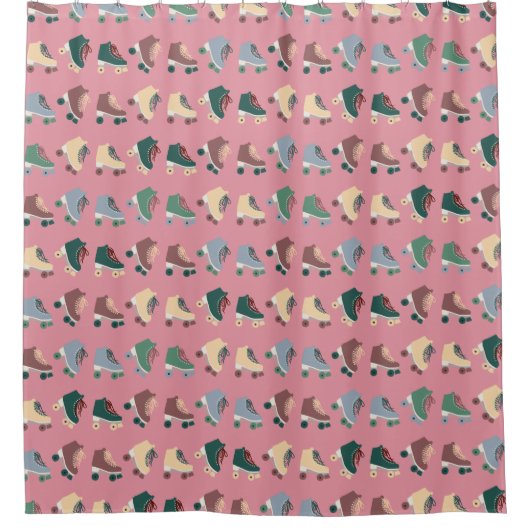 Retro Rollerskates Green Dusty Pink Pattern Douchegordijn (Voorkant)