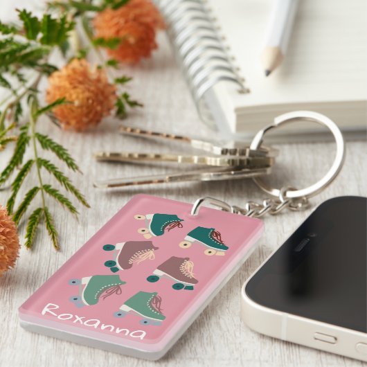 Retro Rollerskates Green Pink CUSTOM Sleutelhanger (Voorkant Rechts)