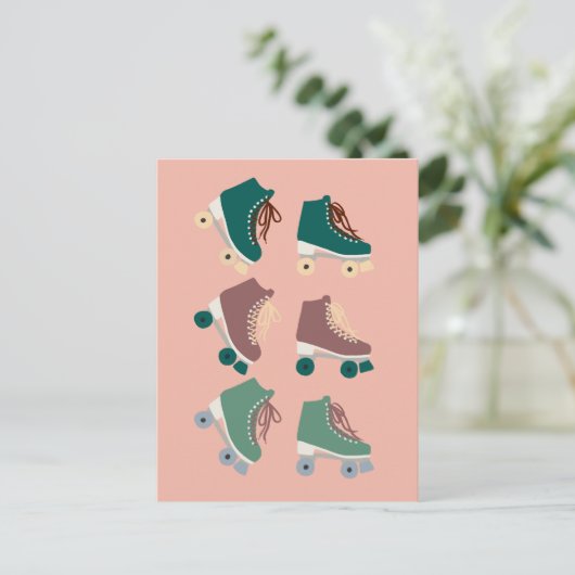 Retro Rollerskates Green Roze Briefkaart (Staand voorkant)