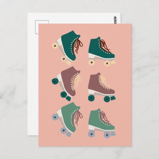 Retro Rollerskates Green Roze Briefkaart (Voorkant / Achterkant)