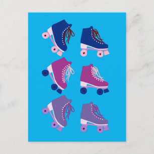 Retro Rollerskates Paars roze blauw patroon Briefkaart