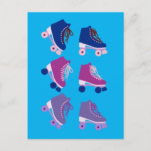 Retro Rollerskates Paars roze blauw patroon Briefkaart (Voorkant)