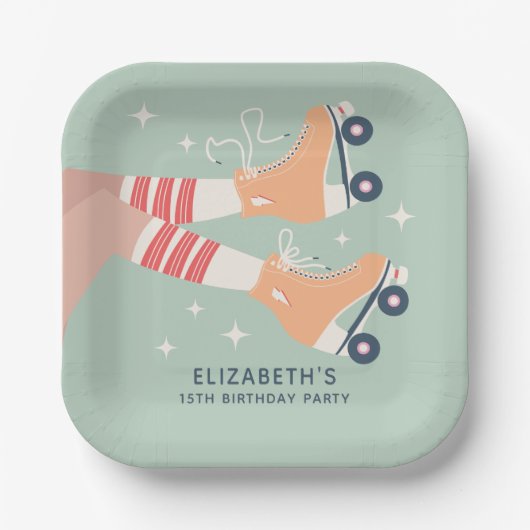 Retro Rolschaatsen Meisjes Verjaardagsfeest Papieren Bordje (Voorkant)