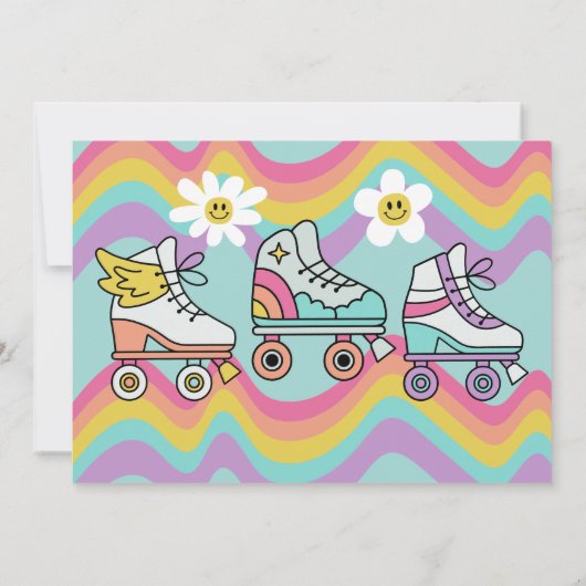 Retro Rolschaatsen Regenboog Verjaardag Uitnodigin Kaart (Achterkant)