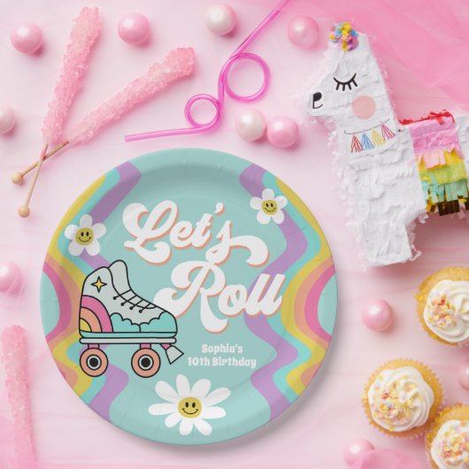 Retro Rolschaatsen Regenboog Verjaardagspapier Bor Papieren Bordje (Feest)