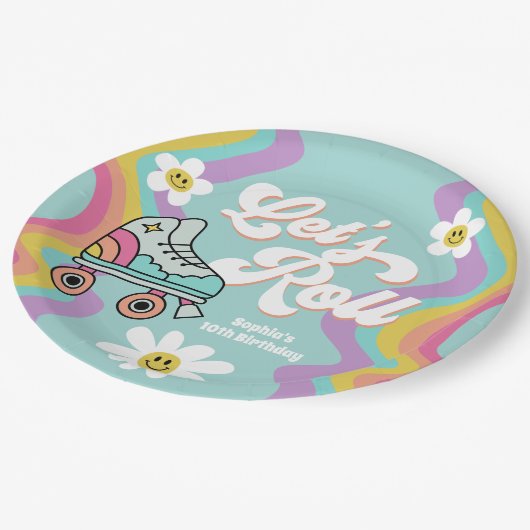 Retro Rolschaatsen Regenboog Verjaardagspapier Bor Papieren Bordje (Gekanteld)