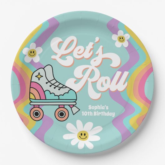Retro Rolschaatsen Regenboog Verjaardagspapier Bor Papieren Bordje (Voorkant)
