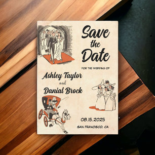  Retro Romantic Comic Wedding Save the Date Kaart