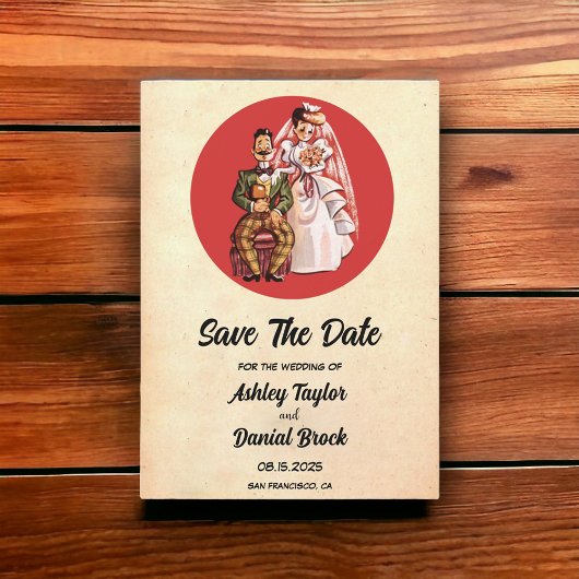 Retro Romantic Comic Wedding Save the Date Kaart
