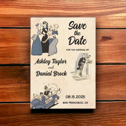 Retro Romantic Comic Wedding Save the Date Kaart