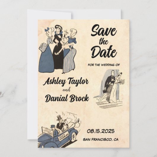  Retro Romantic Comic Wedding Save the Date Kaart (Voorkant)