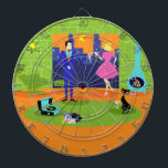 Retro Romantic Evening Couple Dart Board Dartbord<br><div class="desc">Deze Retro Romantic Evening Couple Dart Board ziet eruit als een scène uit een romantische komedie uit 1960. Het minimalistische ontwerp is voorzien van een aantrekkelijk cartoon koppel in de woonkamer van een modern, stedelijk appartement uit het midden van de eeuw. De kamer is opvallend voorzien van een groene, steenwand...</div>