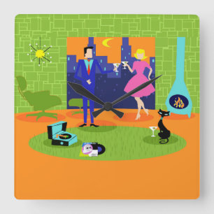 Retro Romantic Eving Couple Wall Clock Vierkante Klok