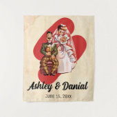 Retro Romantic gewoon getrouwd met een paar bruil Wandkleed (Voorkant)
