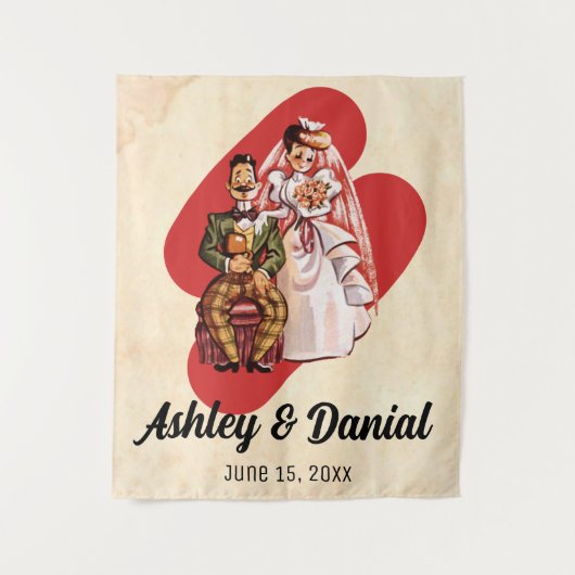 Retro Romantic gewoon getrouwd met een paar bruil Wandkleed (Voorkant)