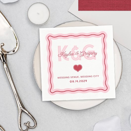 Retro Romantisch Golfkader Hart Monogram Huwelijk Servet
