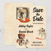 Retro Romantisch Koppel Comic Bruiloft Save the Da Kaart (Voorkant / Achterkant)