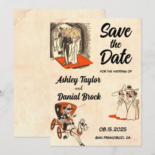 Retro Romantisch Koppel Comic Bruiloft Save the Da Kaart (Voorkant / Achterkant)