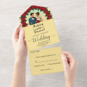 Retro Romantisch Paar Comic Bloemen Huwelijk All In One Uitnodiging (Afscheurbaar)