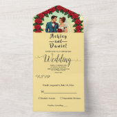 Retro Romantisch Paar Comic Bloemen Huwelijk All In One Uitnodiging (Binnen)