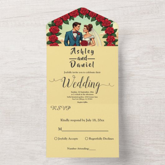  Retro Romantisch Paar Comic Bloemen Huwelijk All In One Uitnodiging (Binnen)