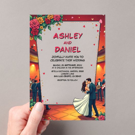 Retro Romantisch paar Comic Book Style Wedding Acryl Uitnodigingen (Insitu (Draagbaar))