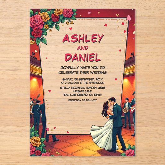 Retro Romantisch paar Comic Book Style Wedding Acryl Uitnodigingen (Voorkant)