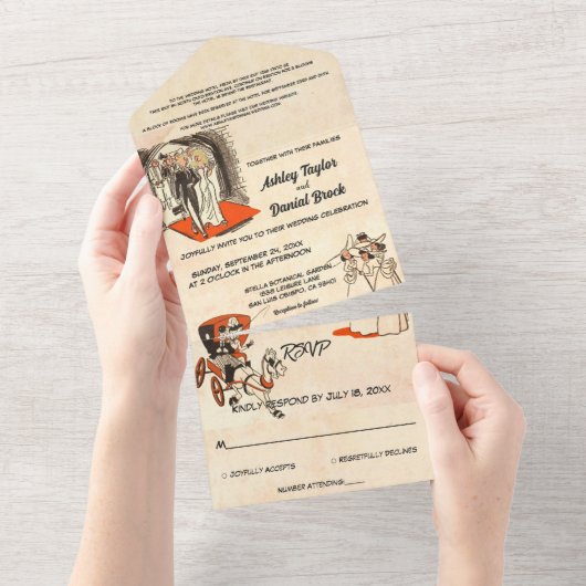 Retro romantisch paar Comic thema bruiloft All In One Uitnodiging (Afscheurbaar)