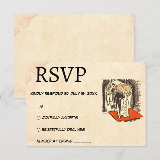 Retro romantisch paar Comic thema bruiloft RSVP Kaartje (Voorkant / Achterkant)