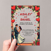 Retro Romantisch paar dansen Comic Style bruiloft Acryl Uitnodigingen (Insitu (Draagbaar))